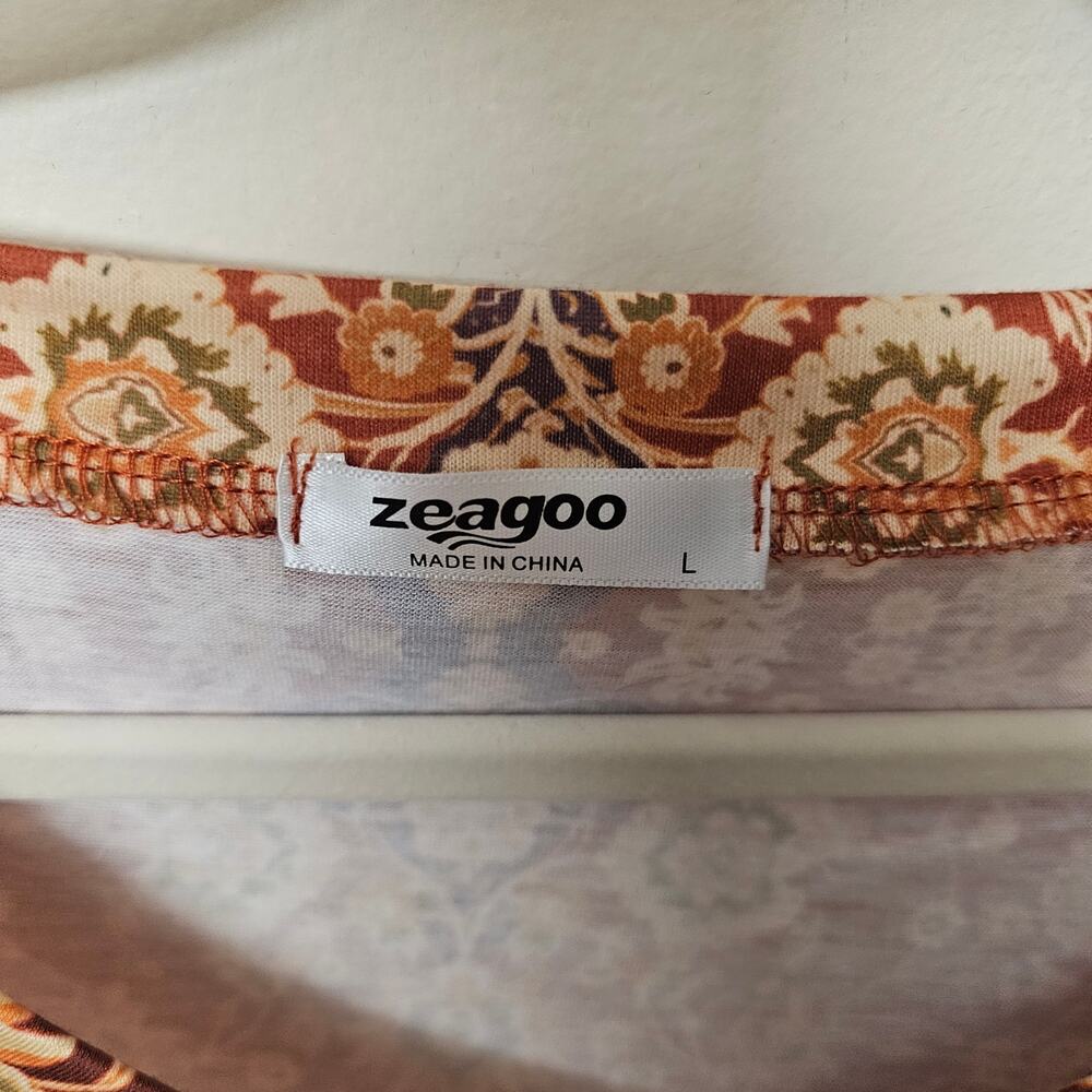 Boho Rust Blouse Floral 3/4 Sleeves SZ L | Zeagoo - Picture 3 of 5